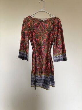 ANN TAYLOR LOFT Pink Paisley Print long Sleeve Boho Belted Waist Tie Mini Dress